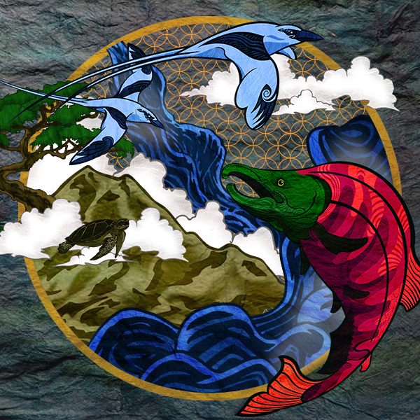 Vibrant illustration of trees, a mountain, clouds, waves, fish, birds and a turtle.