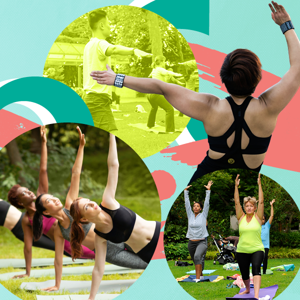 collage of people performing yoga, zumba and pilates moves
