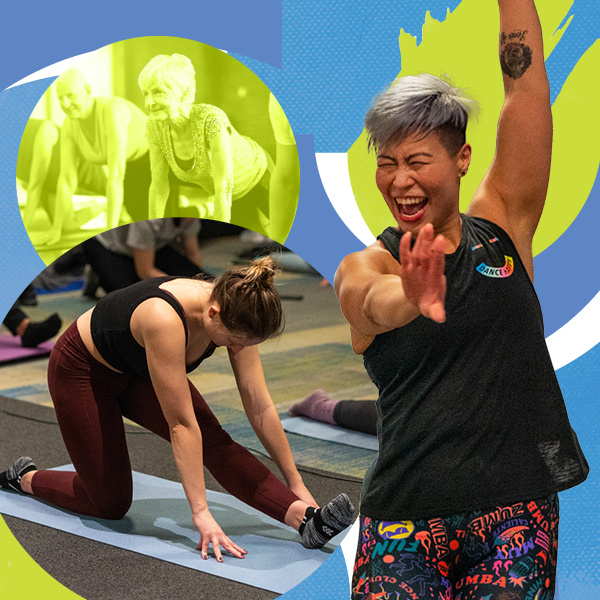 Images show people performing yoga and zumba moves.