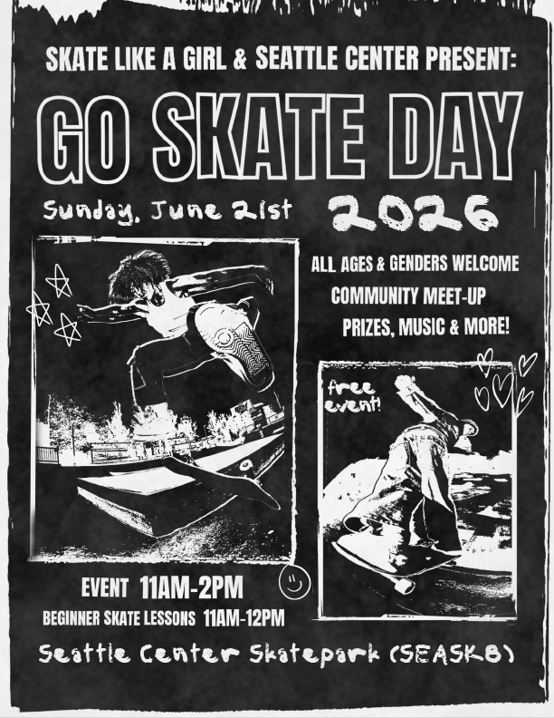 Black and white graphic showing skateboarders with text that reads Go Skate Day.