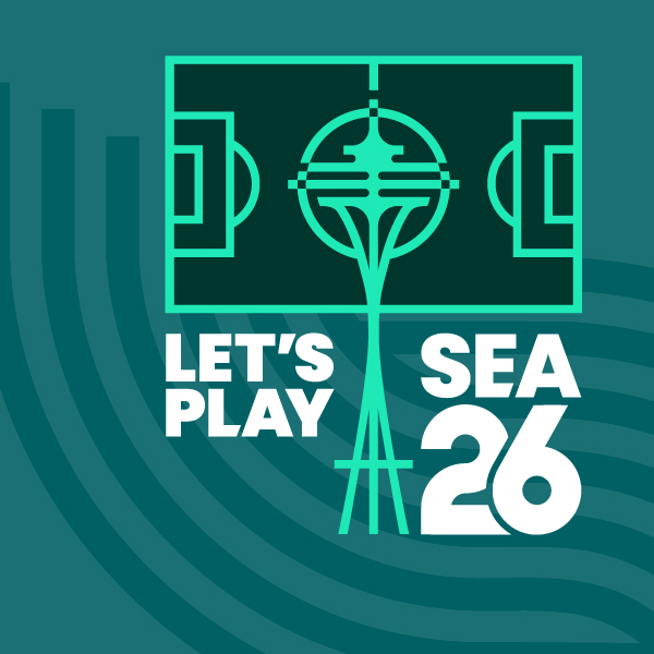 Graphic reads Lets Play SEA 26, with image of soccer court and space needle.