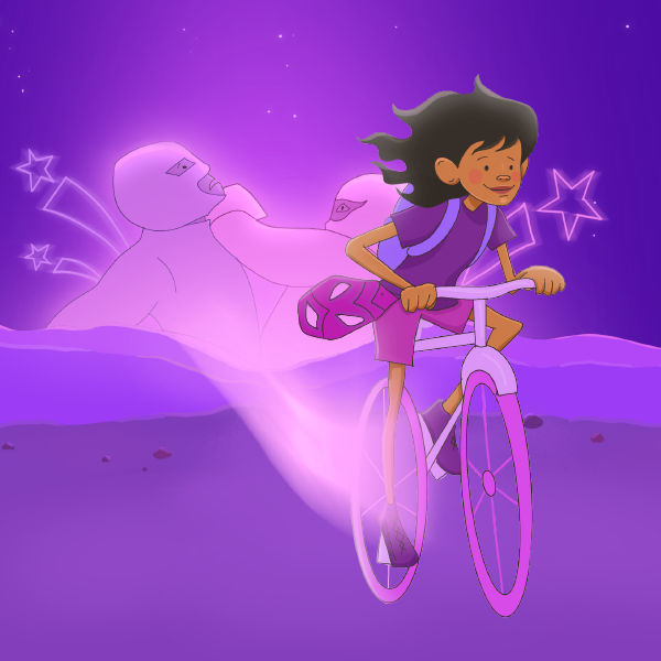 Illustration of a girl riding her bike at night with wrestlers in the background