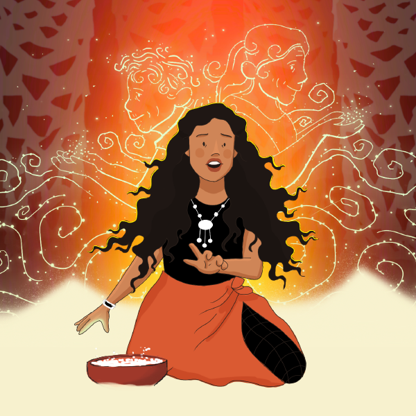 Kneeling woman surrounded by magical outlines of two elders.